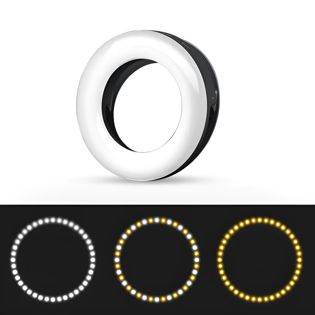 Compact 90mm LED selfie ring light with USB cable available in black pink and white for cell phone photography