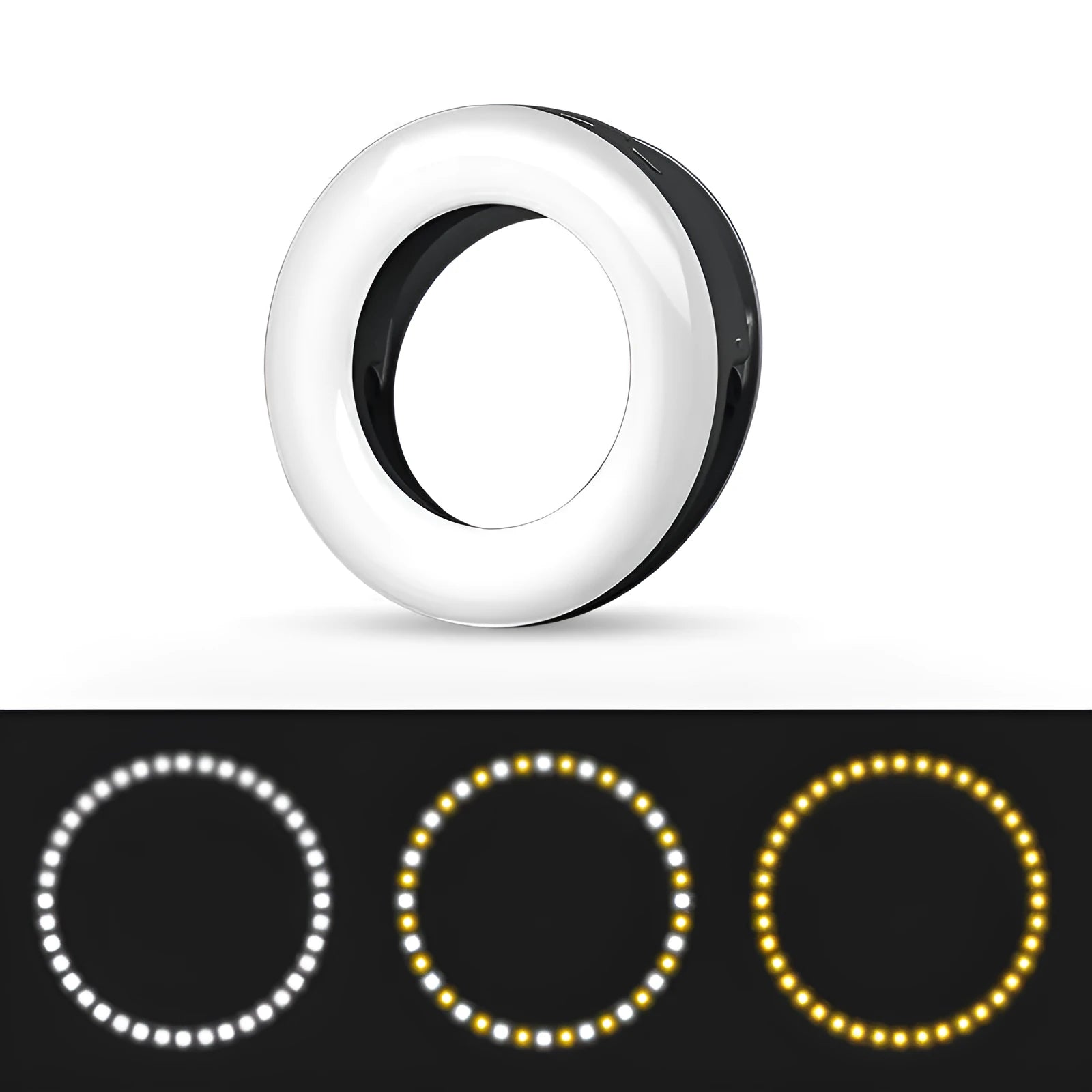 Compact 90mm LED selfie ring light with USB cable available in black pink and white for cell phone photography