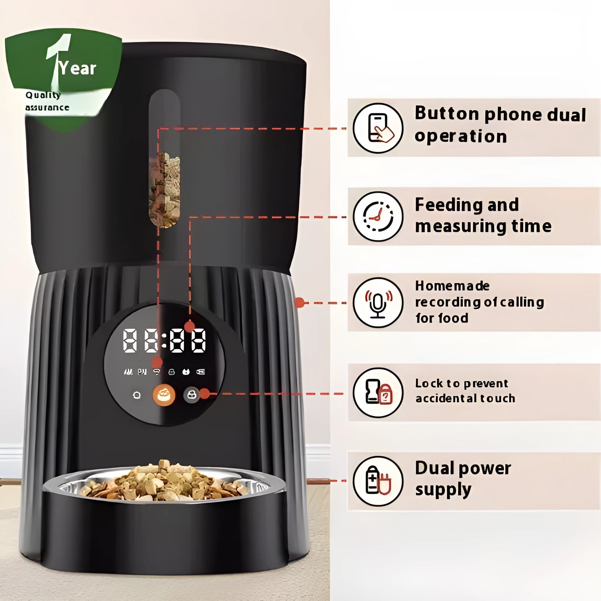 Black and white intelligent pet feeder with automatic timing and quantitative remote feeding function