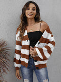 Women's striped cardigan sweater in deer plush fabric with button front, shown in blue colour.