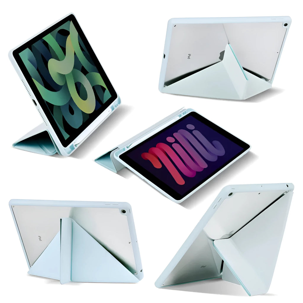 iPad protective case with Y-folding bracket design showing pen storage slot and imitation leather finish