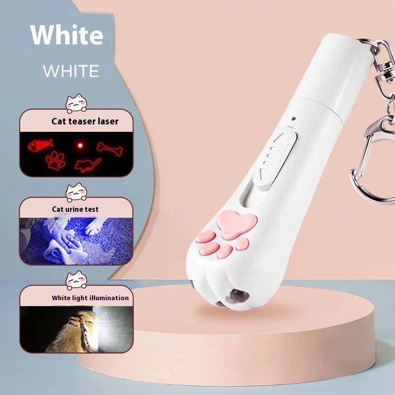 Charging cat teaser pet toy with pen light in cream white, pink, or sky blue.