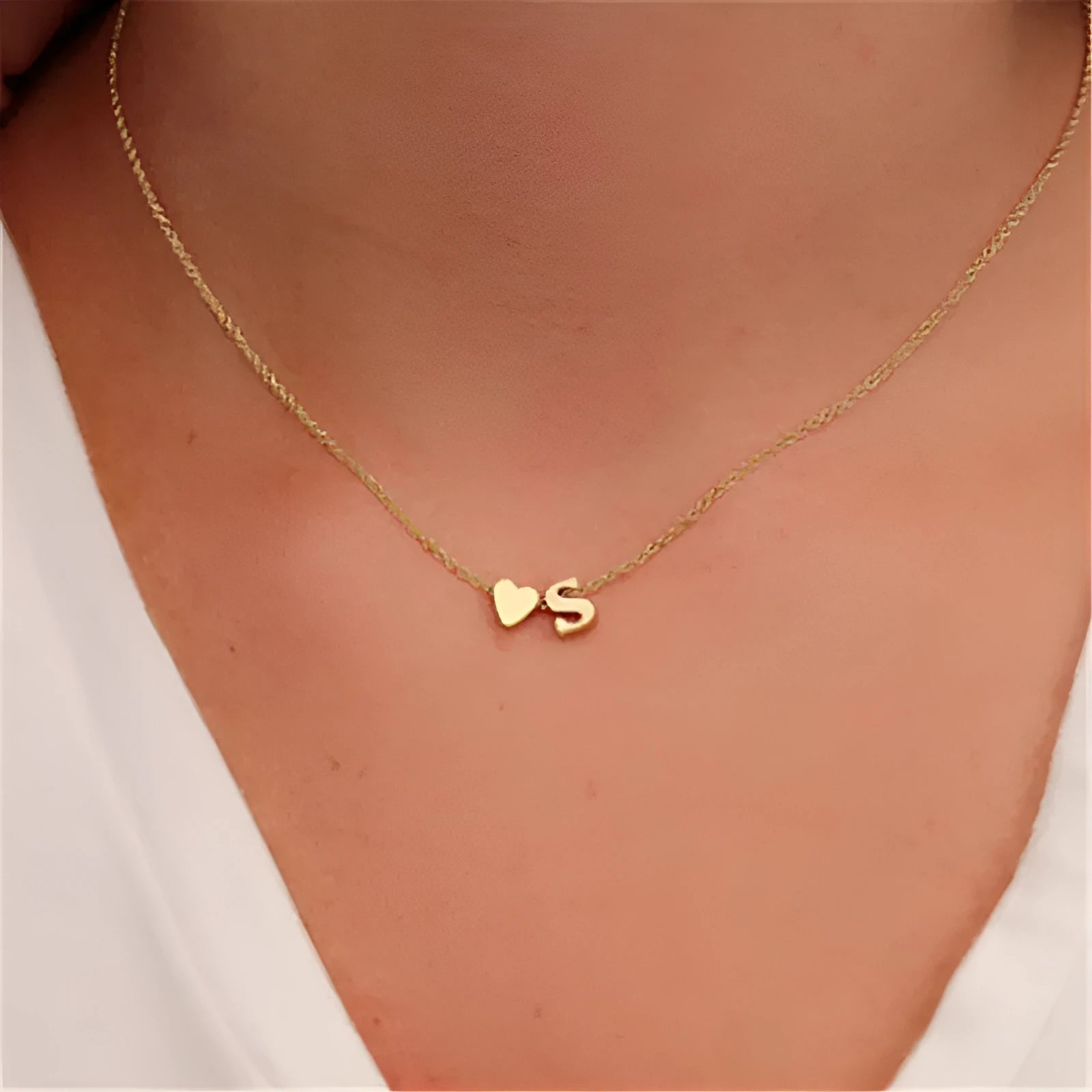 Peach heart shaped alloy letter pendant necklace on chain in gold colour