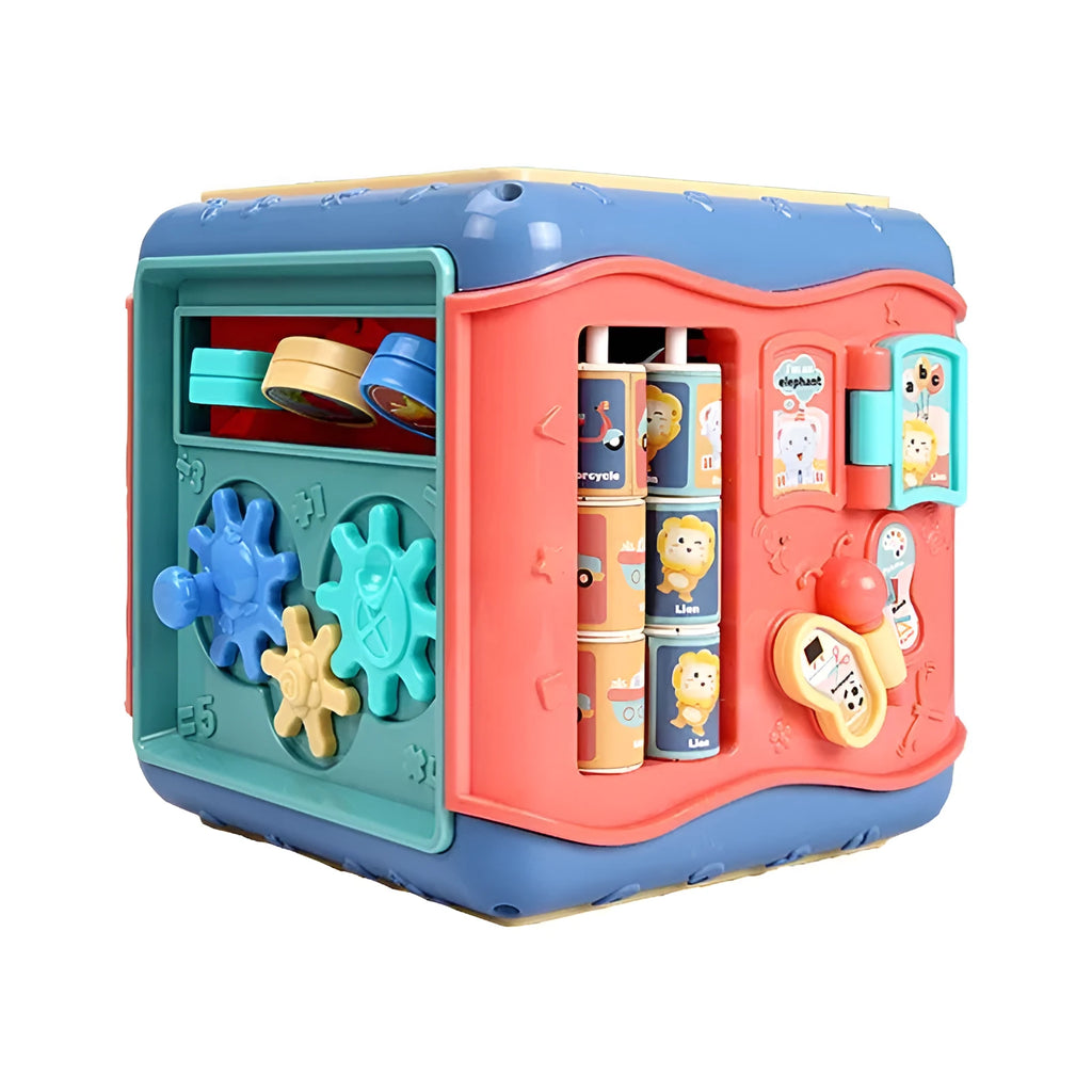 Colourful baby educational toy cube with six different activity sides including bead maze and gears.