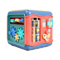 Colourful baby educational toy cube with six different activity sides including bead maze and gears.