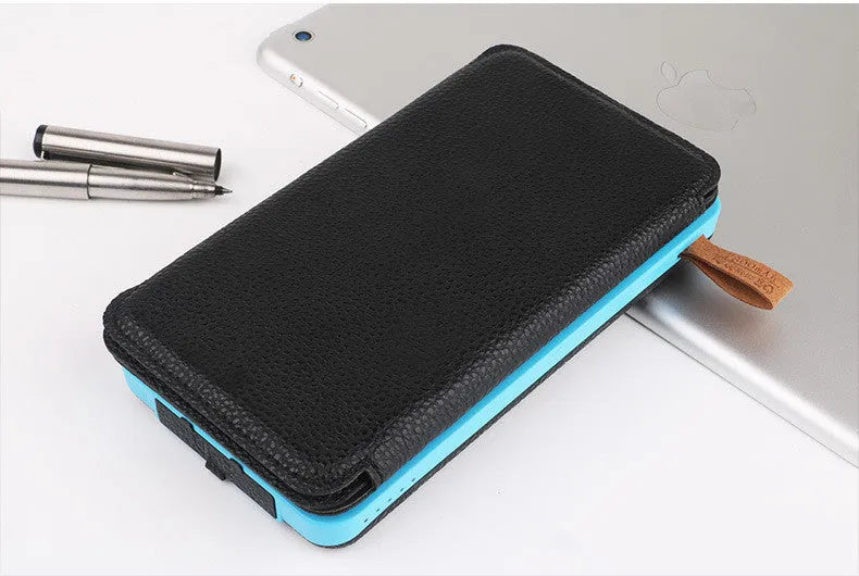 Waterproof solar phone charger with LED light in black, blue, green, or orange colour options