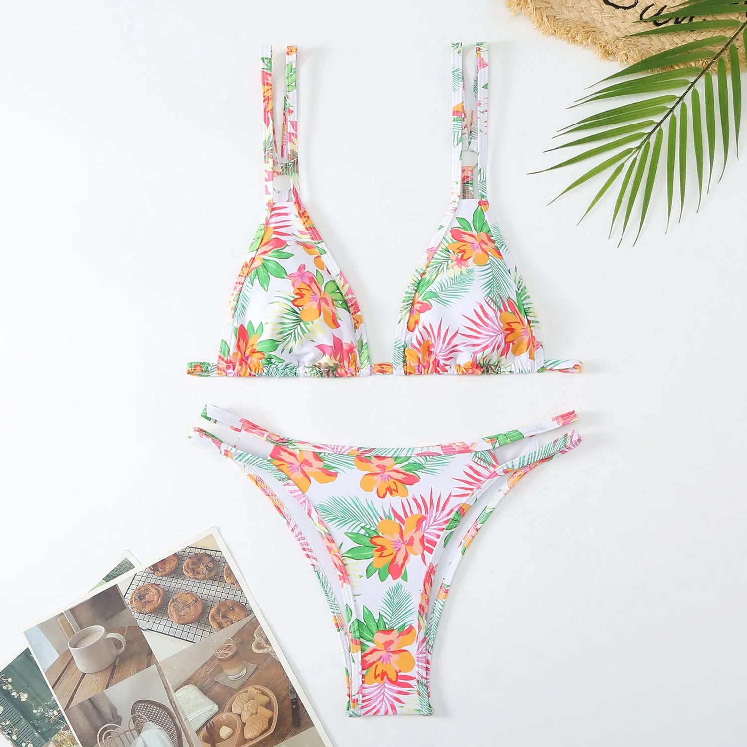 Women's floral printed halter bikini set with backless design in blue, white, or rose red polyester fiber swimwear