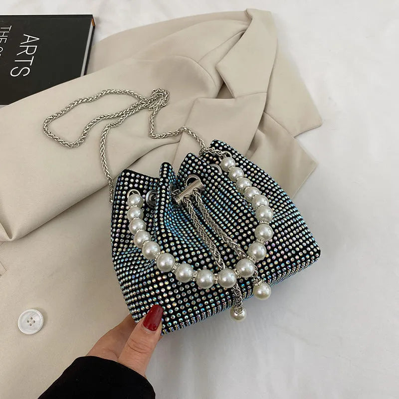 Western style diamond crossbody bag in soft PU with chain strap and organiser pockets