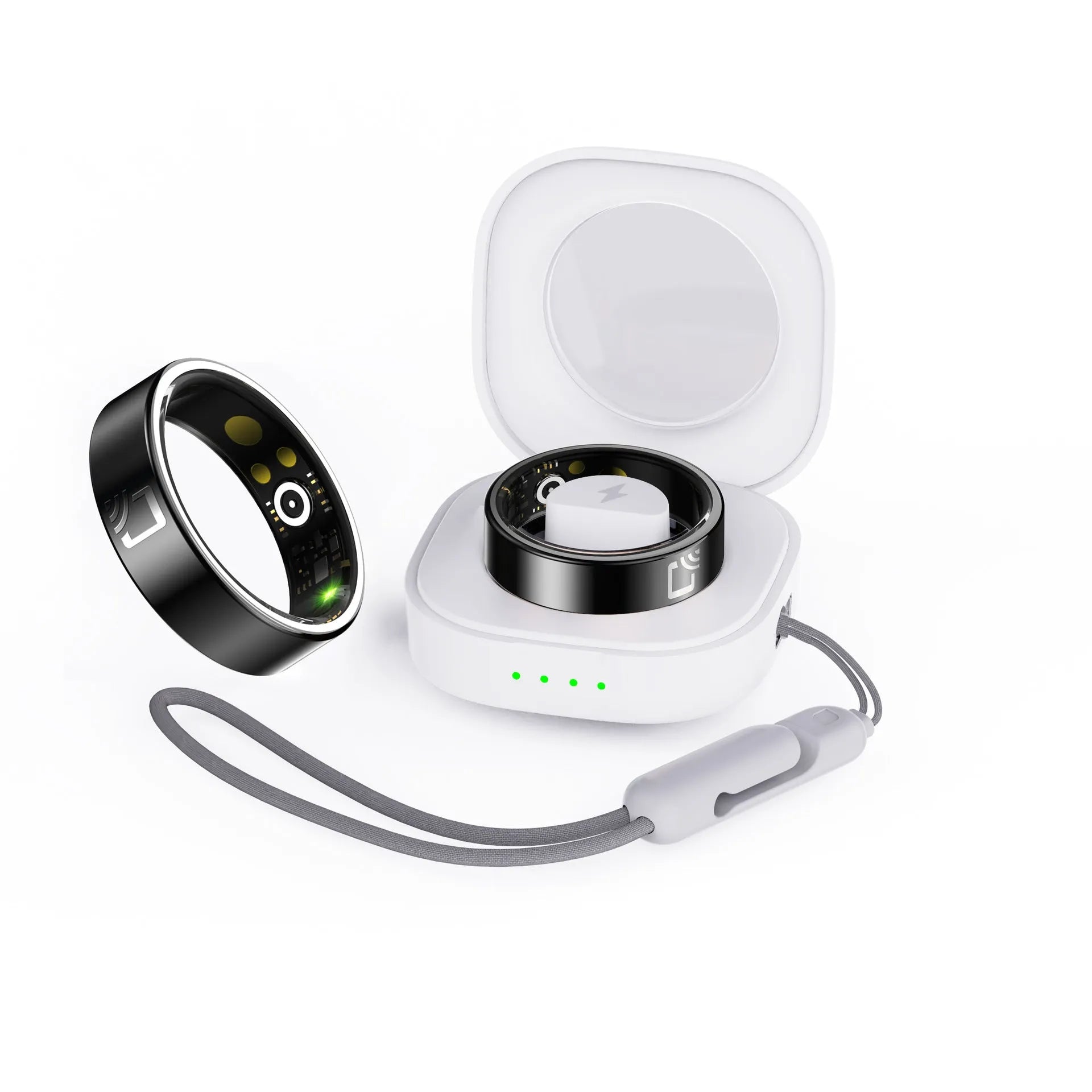 Black ceramic smart ring with health monitoring sensors on finger