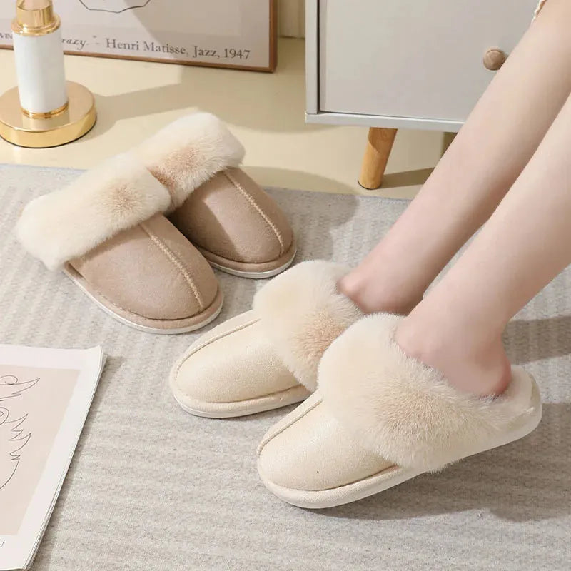 Brown women's plush indoor slippers with round toe, flat heel, and textured PVC anti-slip sole.