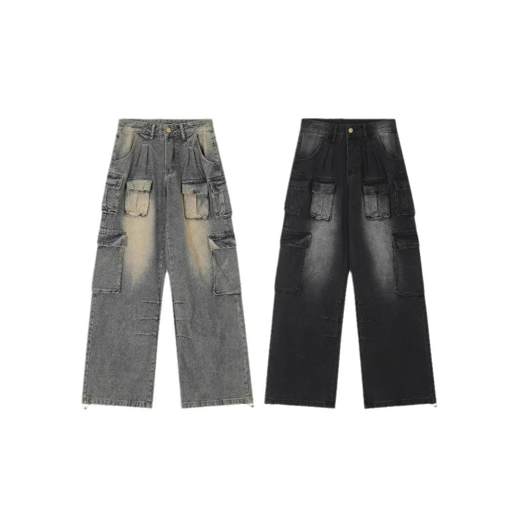 Men's loose fit distressed cargo jeans with multiple pockets in street hipster style
