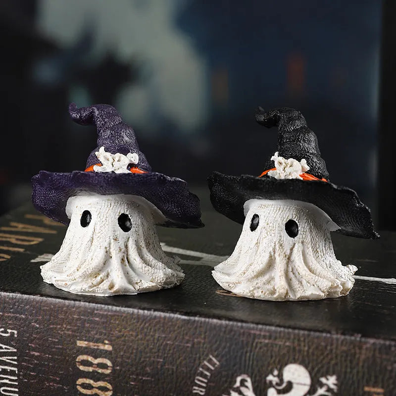 Resin wizard hat ghost ornament in black or purple for holiday decoration.