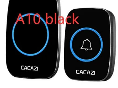 Wireless doorbell kit showing plug-in receiver and battery-powered push-button transmitter in black