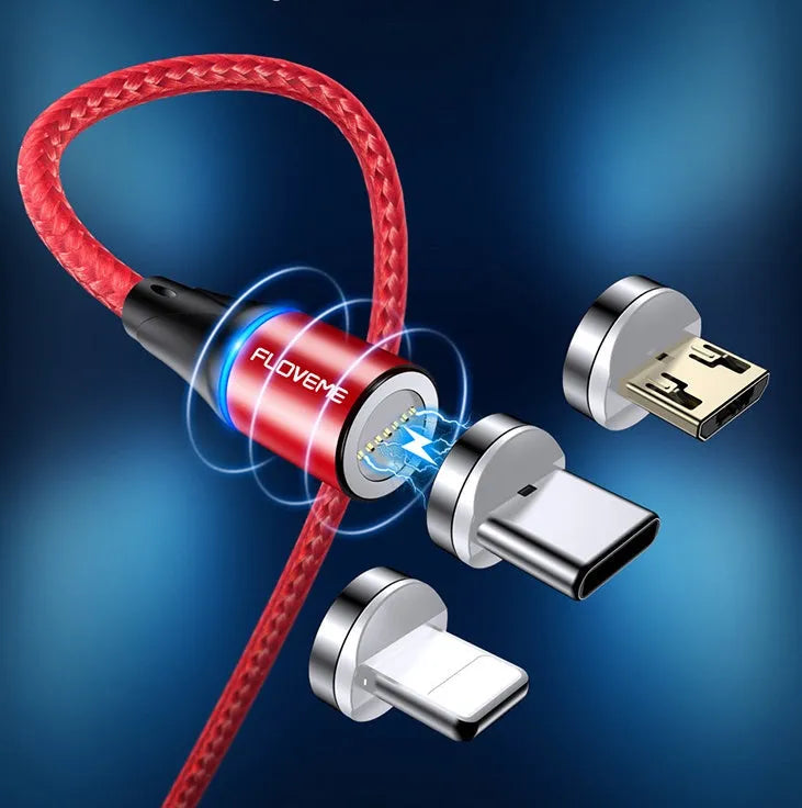 Black magnetic data cable with LED light showing iPhone and Android compatibility