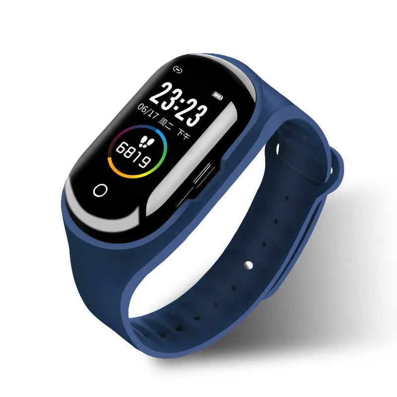 Blue smart bracelet with 1-inch touchscreen and wireless earphones for fitness tracking and calls