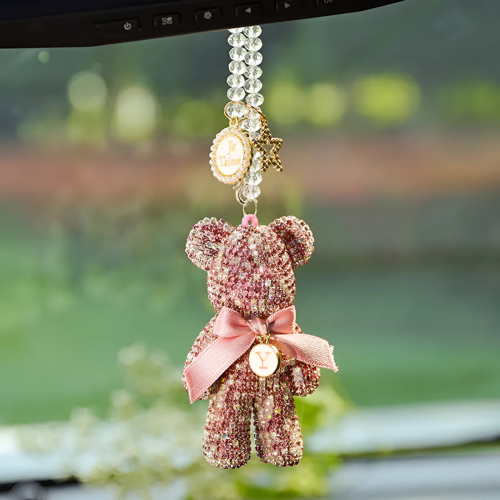 Diamond-embedded Violent Bear car rearview mirror pendant with artificial crystal rhinestones in 5x9cm size
