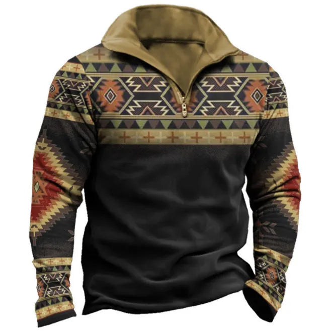 Men's striped retro print golf t-shirt with long sleeves and zipper details in loose fit