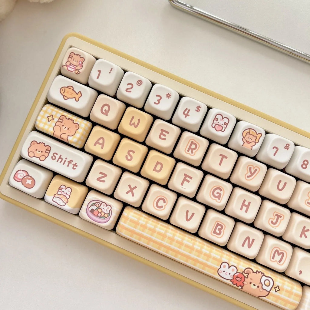 PBT key caps with rabbit bear restaurant thermal sublimation design in EOA height profile