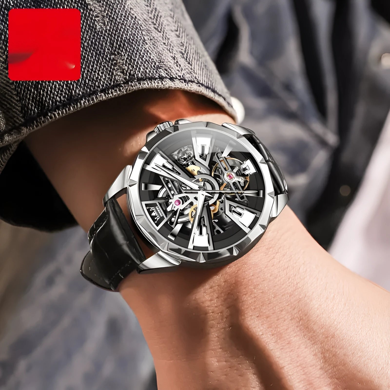 Men's automatic mechanical watch with 44mm barrel dial and transparent case back showing movement
