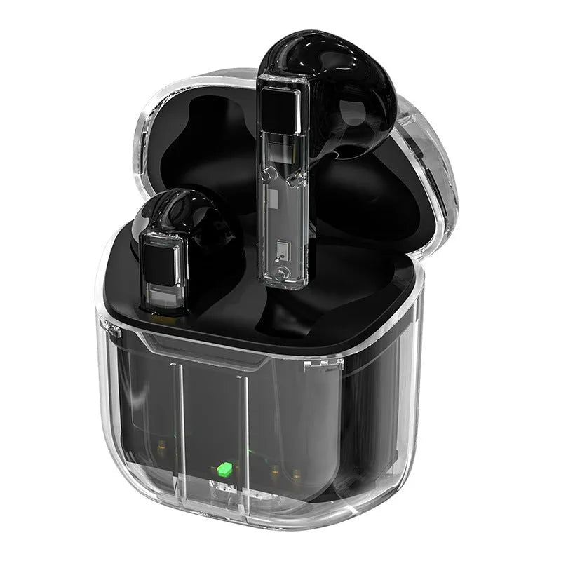 YX06 transparent TWS wireless headphones showing internal components with colour options