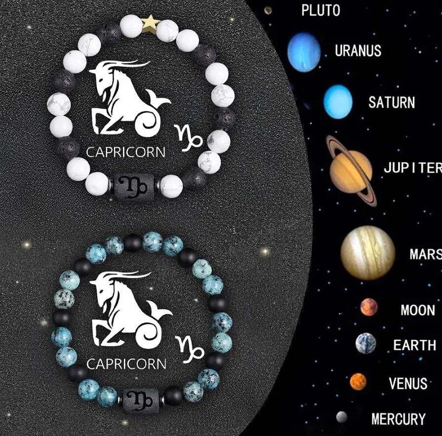 Set of twelve natural stone beaded bracelets showing different zodiac sign designs.