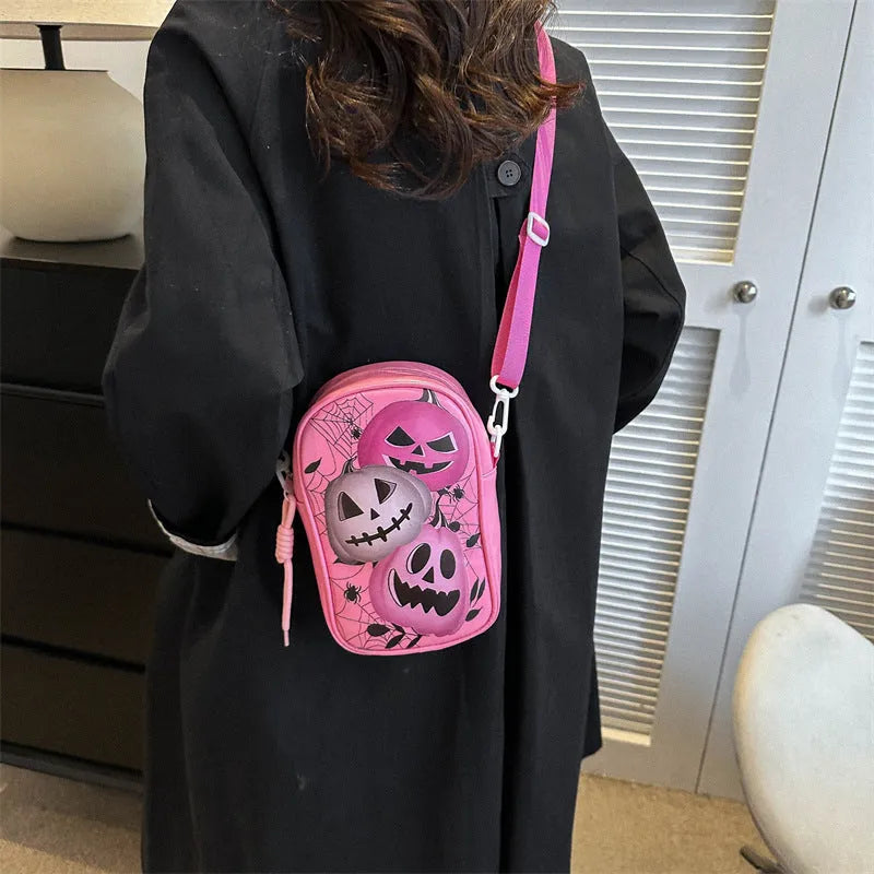 Halloween graffiti phone crossbody bag with cartoon pumpkin ghost bat prints in PU material