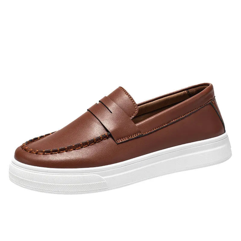 Casual slip-on shoes in white, black and white, and khaki colours with round toe design