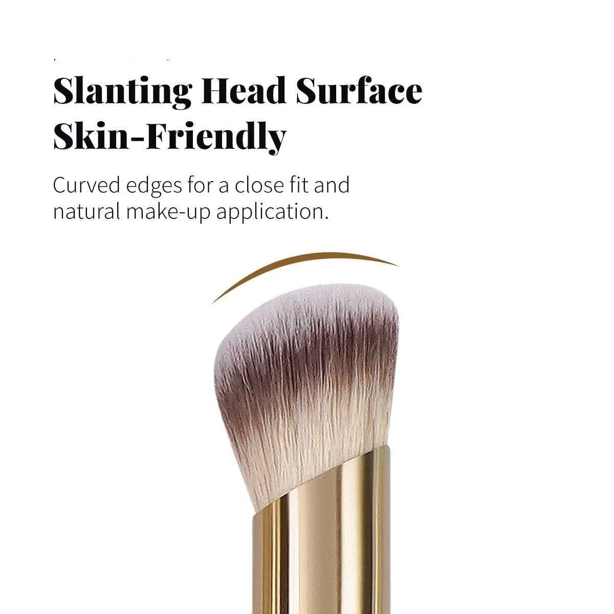 Five apricot-coloured makeup brushes with angled synthetic bristles for powder, blush and foundation application