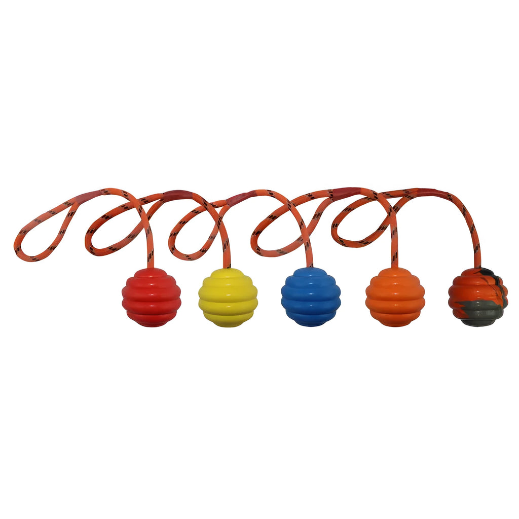 Multi-colour rubber dog training ball with rope knot, measuring 6x30cm