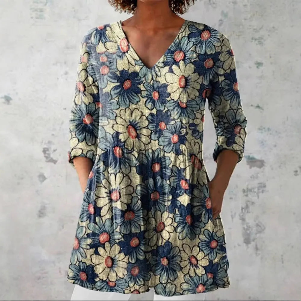 Women's retro slim-fit printed long-sleeved top in a digital print pattern, available in multiple colours.