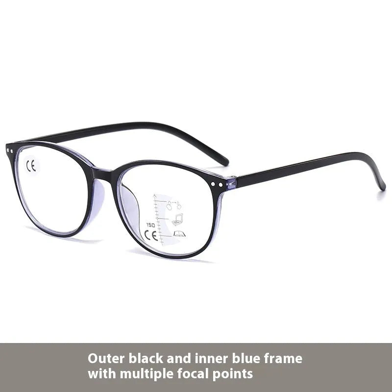 Women's ultra-light presbyopic glasses with multi-focus lenses shown in black and blue frame colour