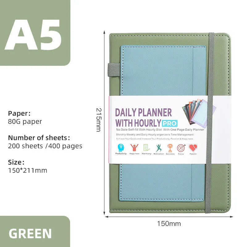 Self-filled no-date notebook with thread binding, showing PU cover in purple with planning stickers