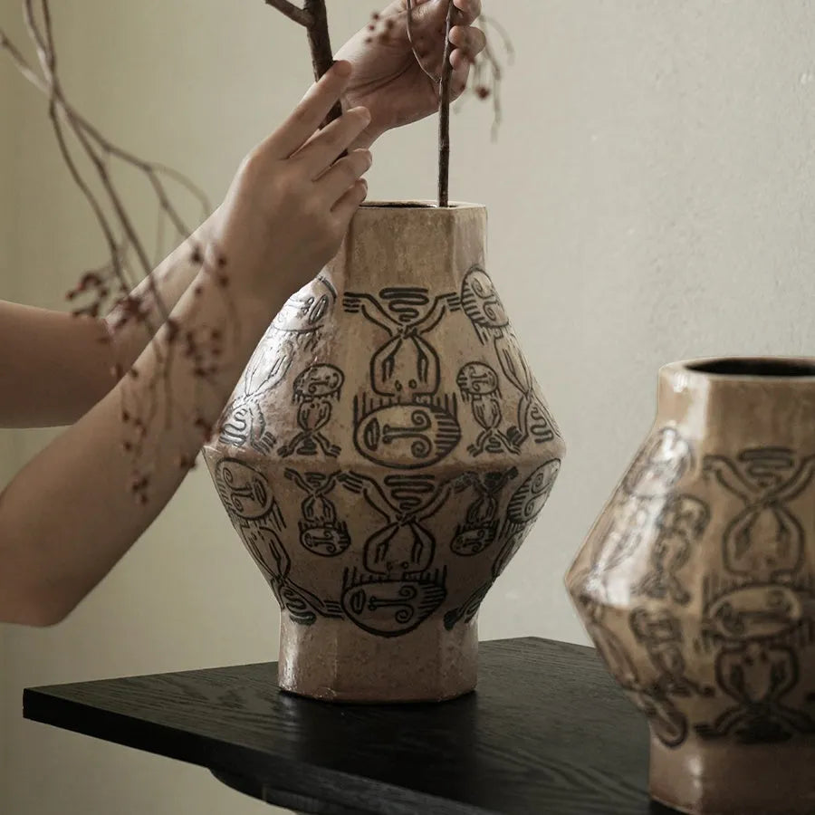 Hand-painted ceramic cylindrical vase with tribal totem flower patterns