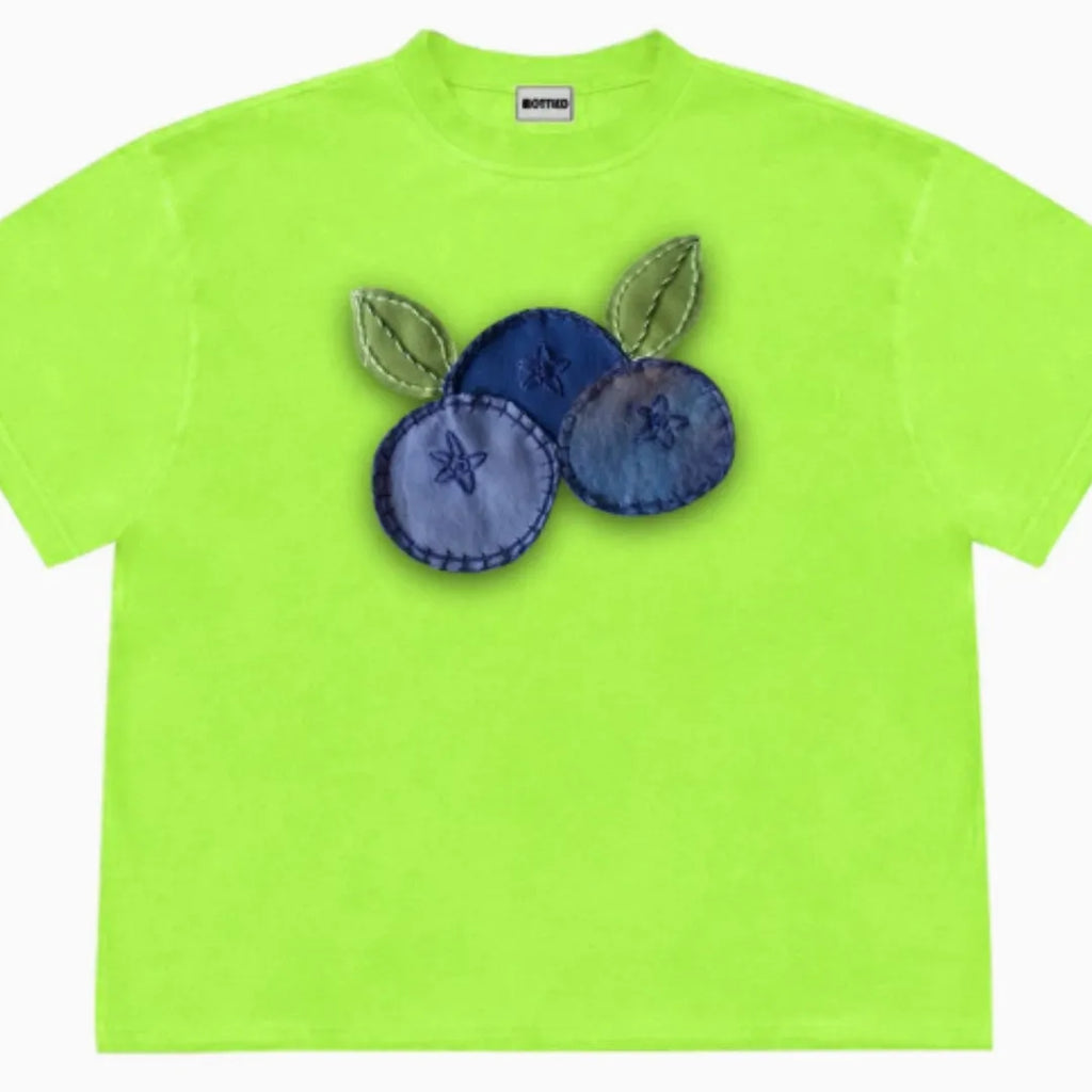 Women's loose fit blueberry patchwork T-shirt with fruit print on ice oxygen cotton.