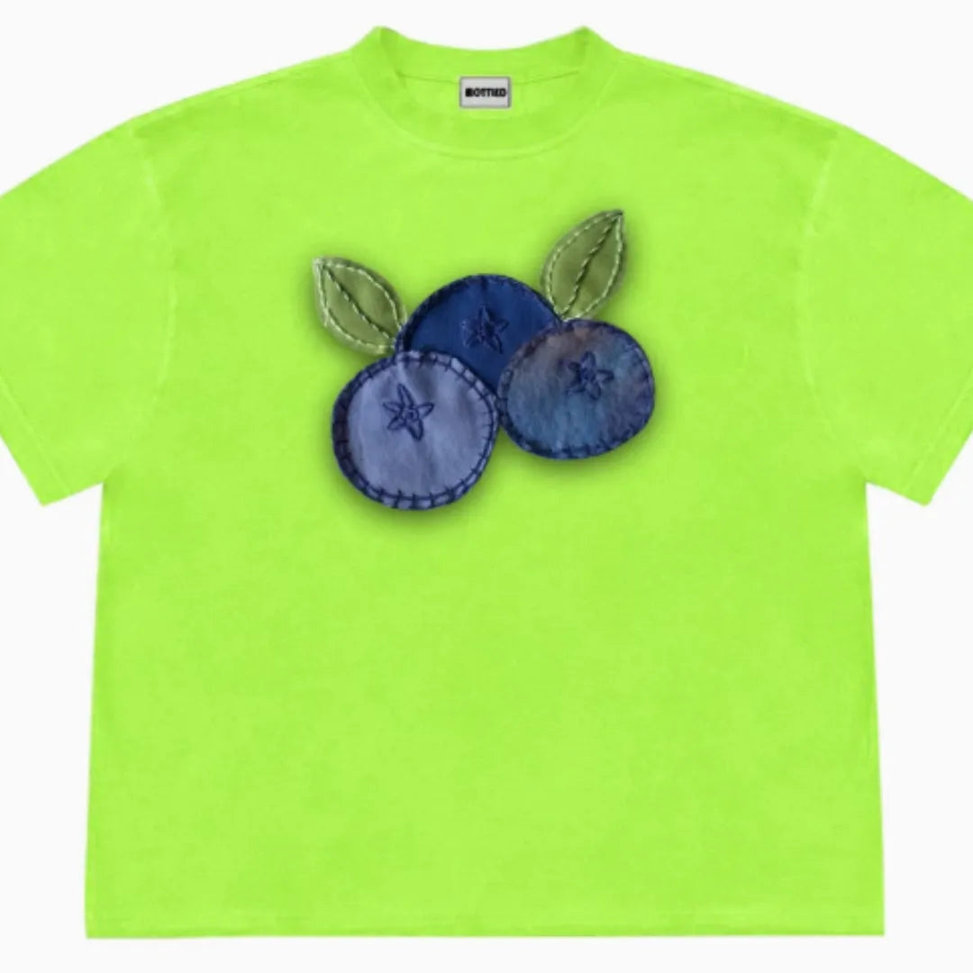 Women's loose fit blueberry patchwork T-shirt with fruit print on ice oxygen cotton.