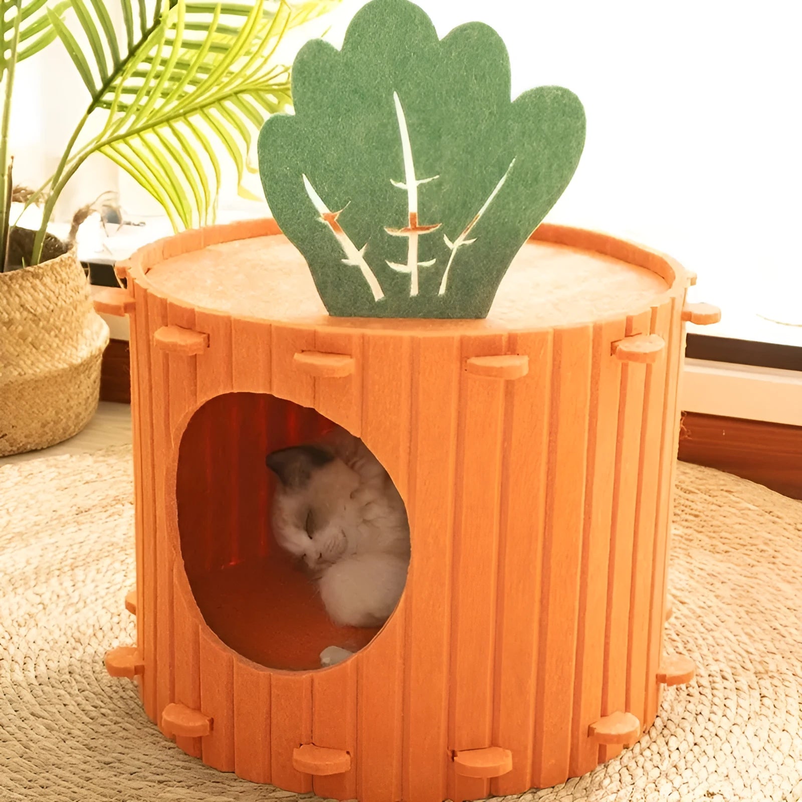 Orange carrot-shaped felt cat nest tunnel bed for cats, shown in semi-enclosed design.