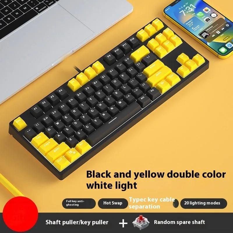 87-key wired mechanical keyboard with hot-swappable sockets showing colour options and included accessories