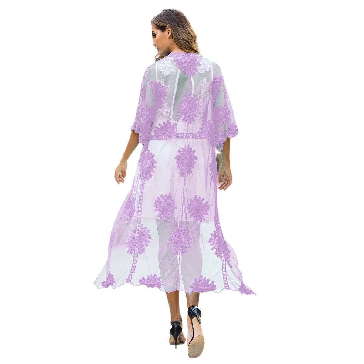 Light purple women's beach dress with lace embroidery detail for swimming and beachwear