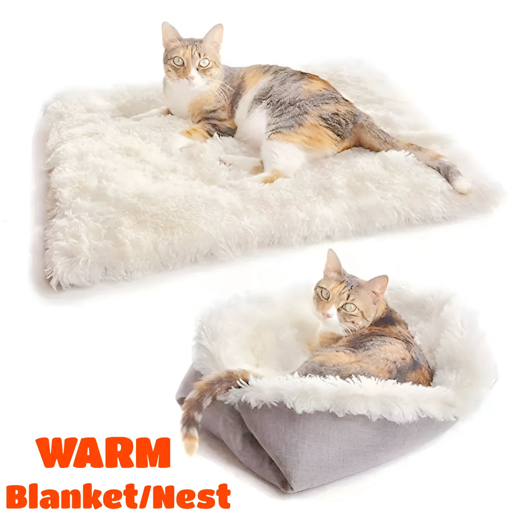 Grey and white plush pet blanket nest with non-slip black bottom for cats and dogs.