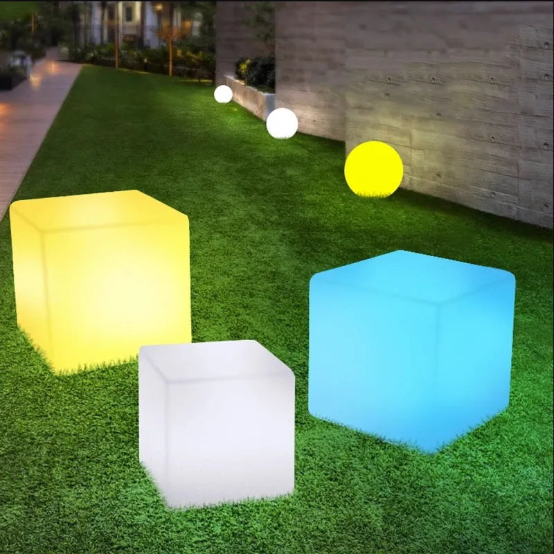Square LED stool cube light waterproof PE material in garden setting