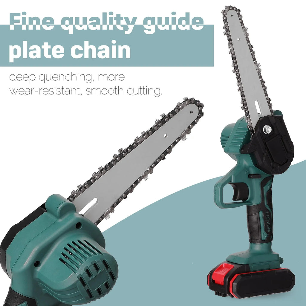 Black one-hand mini electric chainsaw with a 4-inch guide bar on a wooden log.