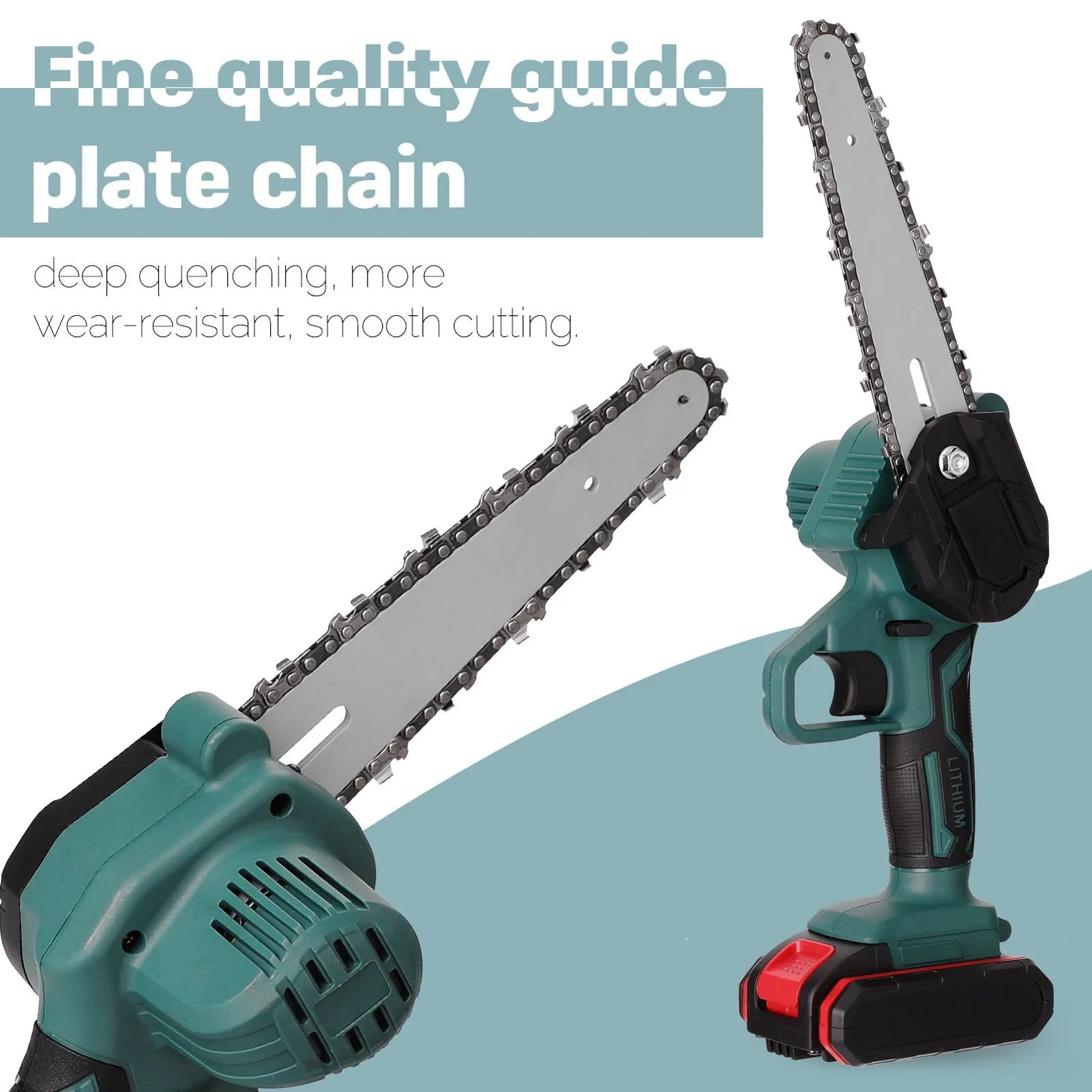 Black one-hand mini electric chainsaw with a 4-inch guide bar on a wooden log.