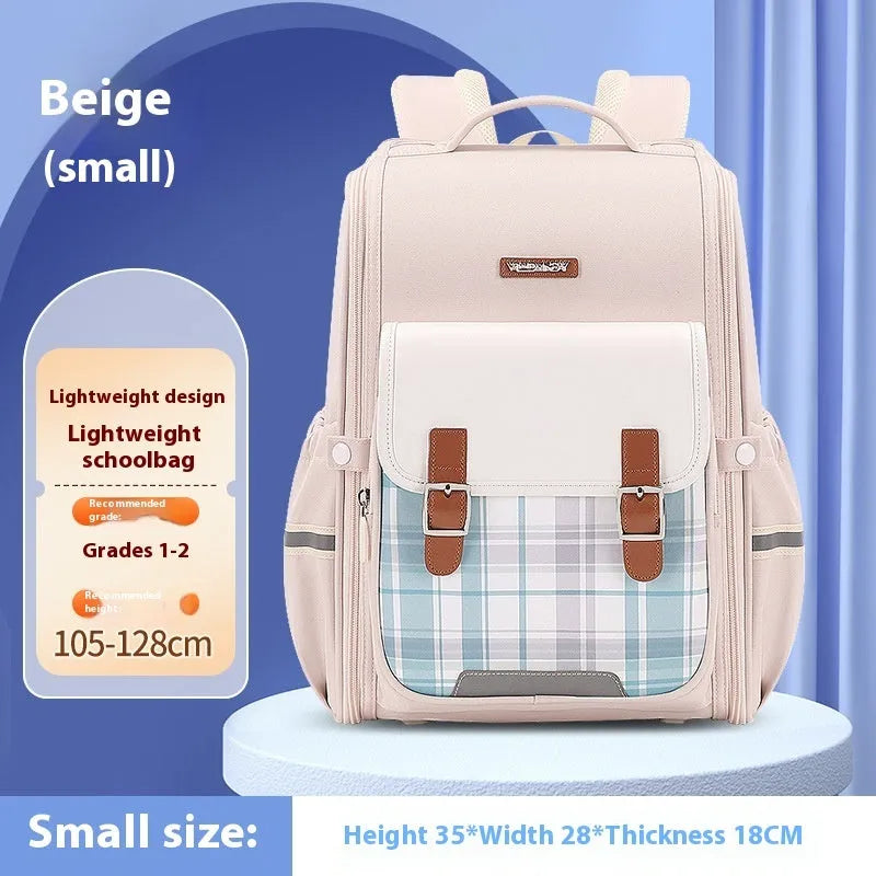 Lightweight Oxford cloth school backpack for students in navy blue, shown in a classroom setting.
