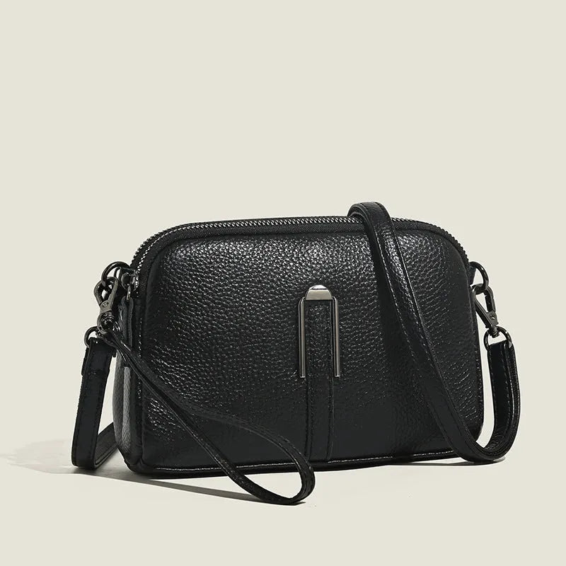 Genuine leather women's shoulder bag with horizontal square design in dark khaki colour