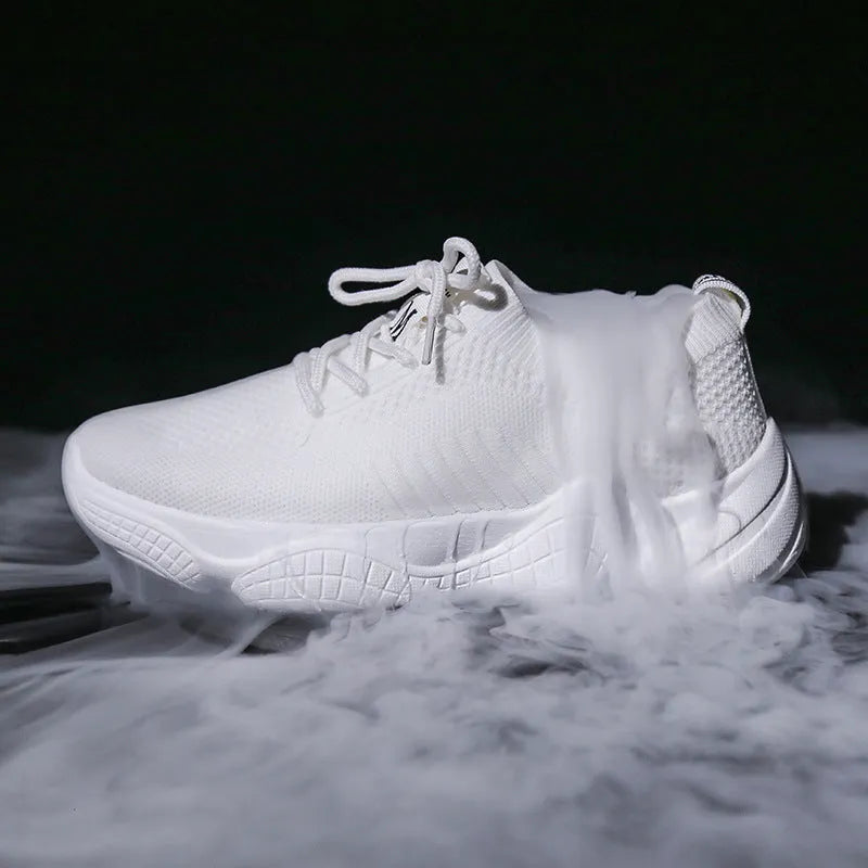 Women's white thick-soled flying woven casual sports shoes with front strap closure