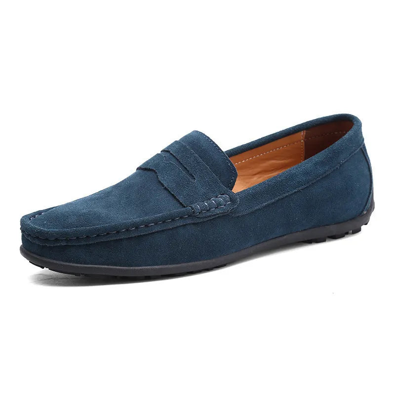 Men's suede leather Gommino casual shoes with flat rubber sole in black colour.