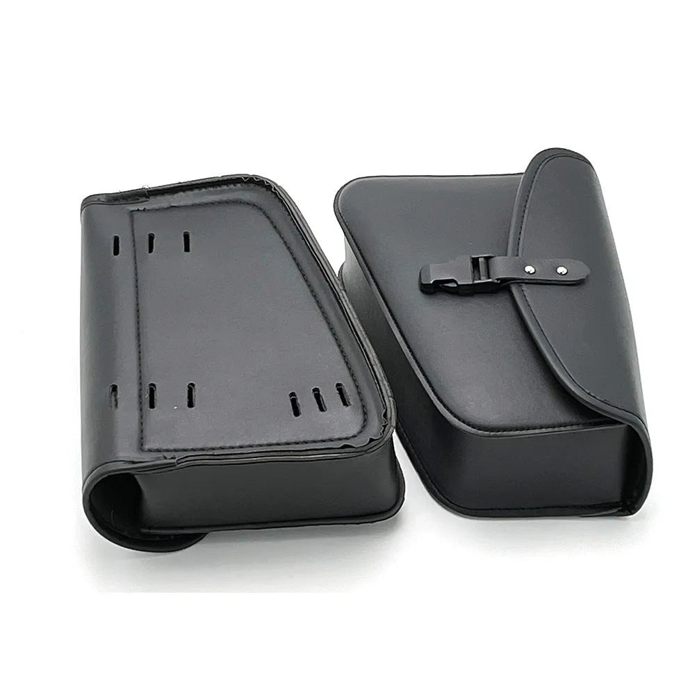 Black PU leather motorcycle swingarm saddlebag mounted on Harley Sportster with dimensions 30x24x20cm