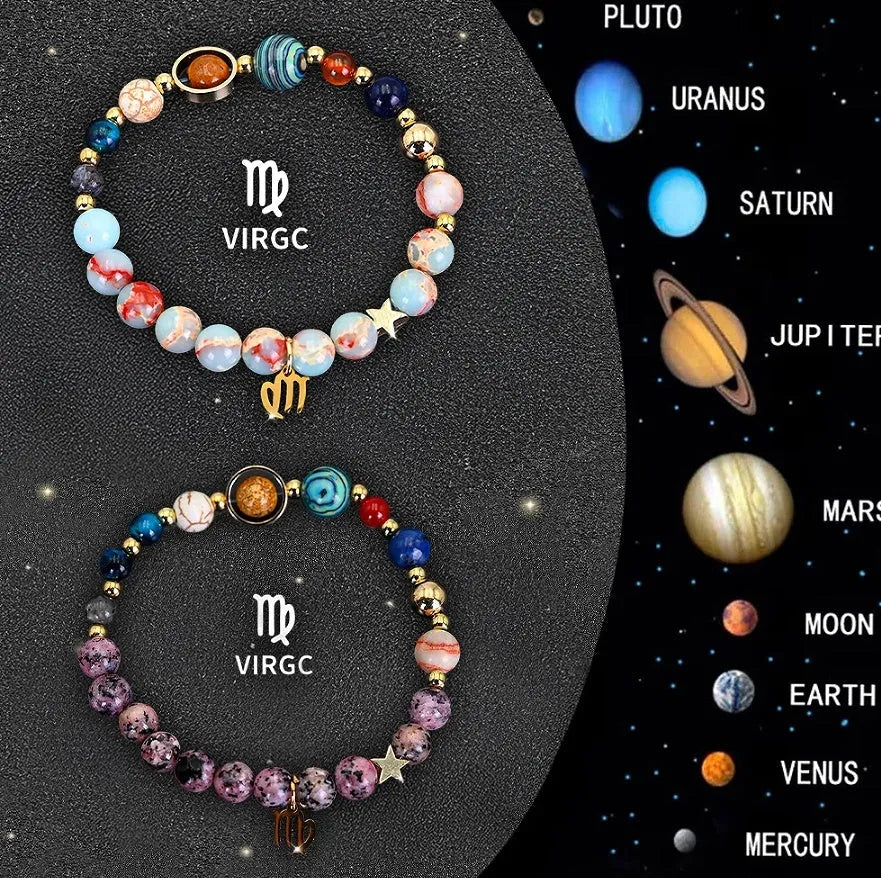 Set of twelve beaded bracelets with natural stone beads and sterling silver zodiac charms on a dark background.