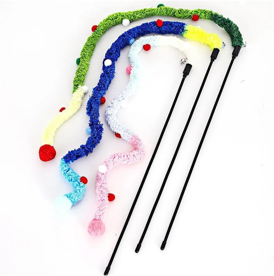 Blue green pink plush strip cat wand toy with 41cm pole and 60cm colourful strip with fluffy bell ball