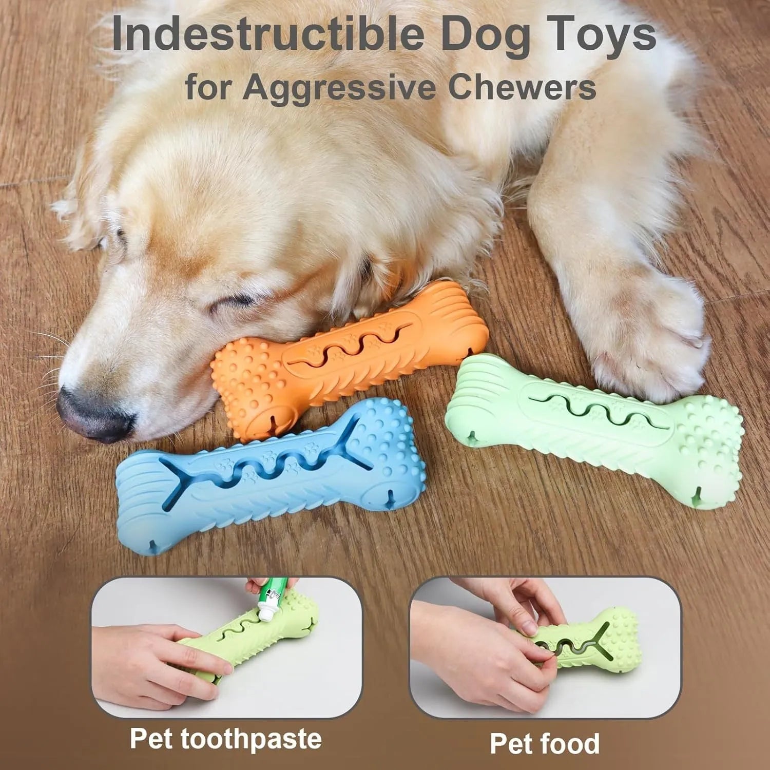 Blue bone-shaped natural rubber dog chew toy for aggressive chewers and teeth cleaning